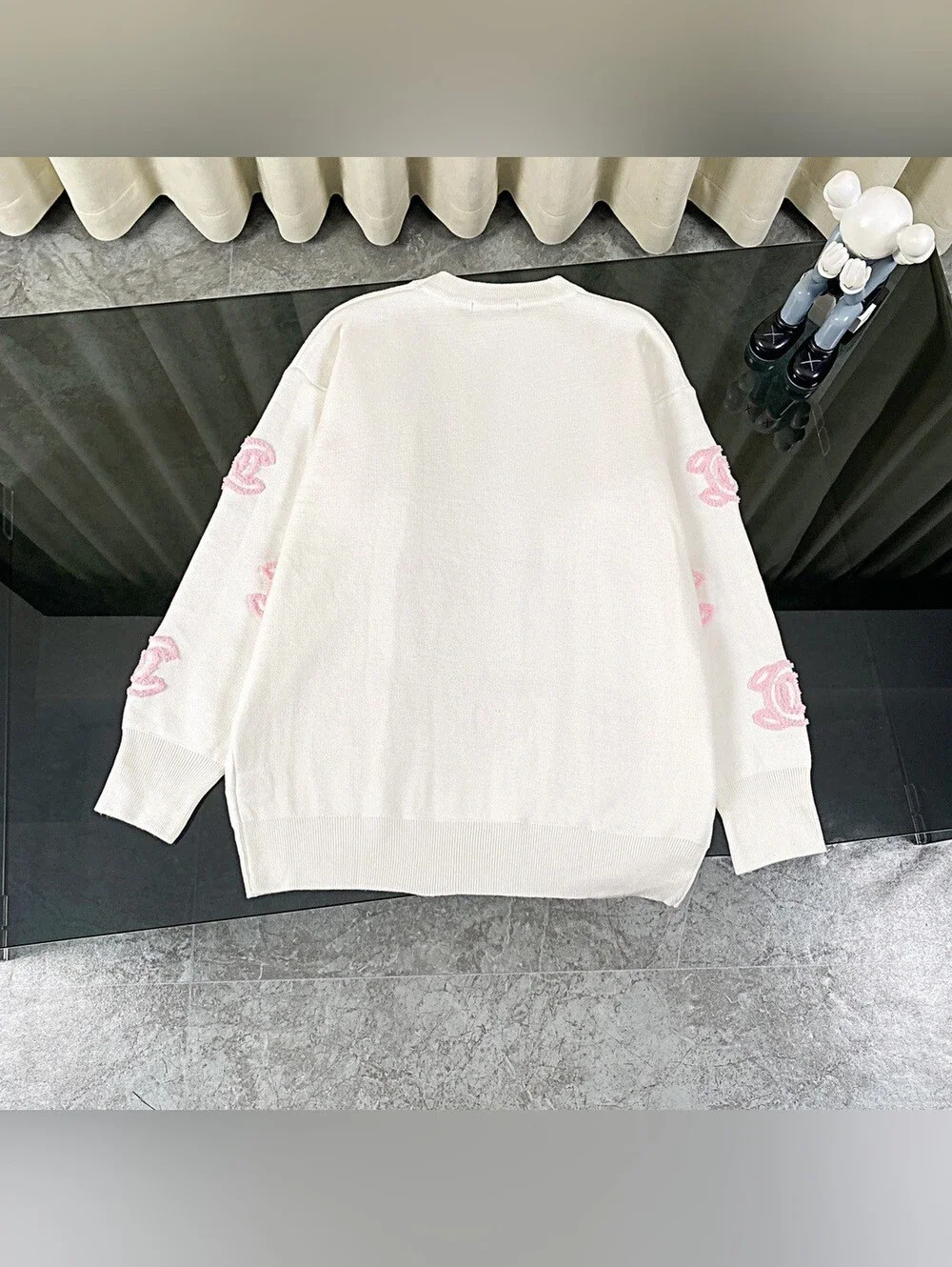 CHANEL White Crewneck Sweater with Pink CC Motifs